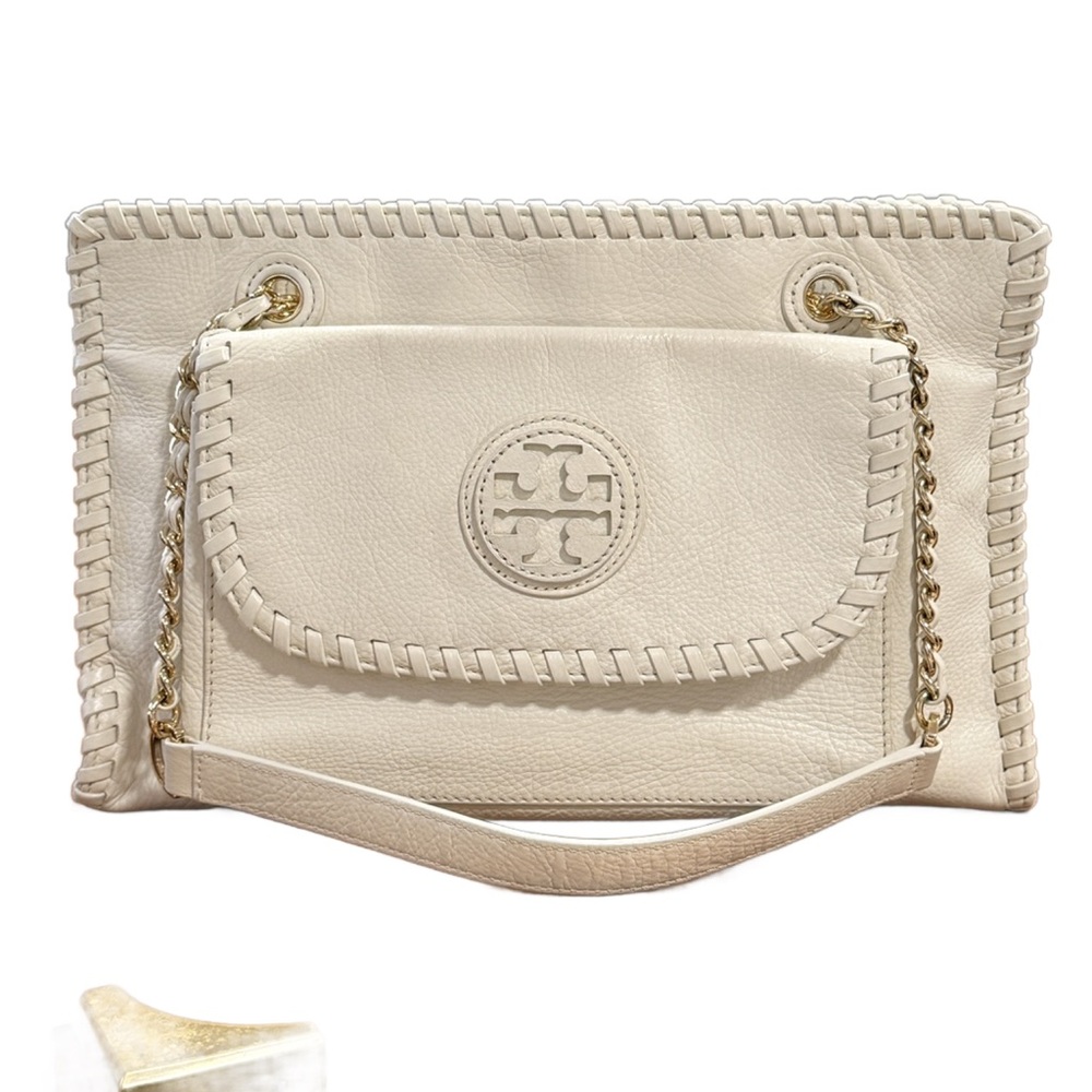 Tory Burch Cream Leather Marion Bag with Chain Strap and Removable Clutch